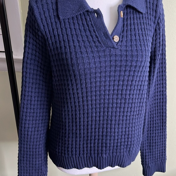 Onia chunky knit navy blue heavy Waffle Knit Shirt Polo Collar Sweater Comfy - Picture 9 of 17